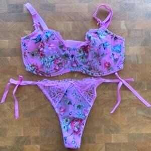Victoria's Secret Dream Angels Wicked Unlined Bra Set - Floral Pink 34DDD + M